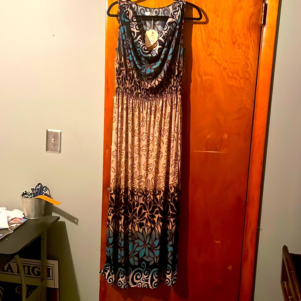 Ace Fashion full length dress. Brown and turquoise colors. Size 3x